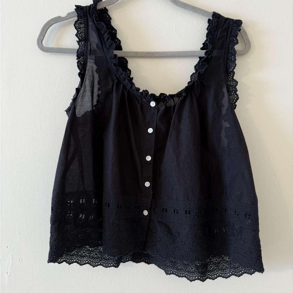 Madewell Black Eyelet Trim Button Sleeveless Blouse 100% cotton